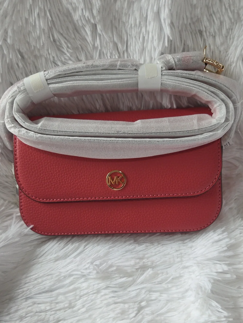 NWT Michael Kors Coral-Red Pebbled Leather Crossbody